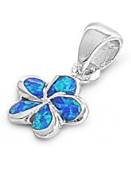 Sterling Silver Blue Lab Opal Plumeria Pendant Unique Charm Pure 925 New 9mm with 1.2mm Rope Chain