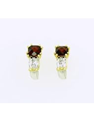 14K Solid Two Tone Gold Garnet and Diamond Prong Set Semi Hoop Post Earrings