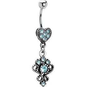 Antique Silver Victorian Heart Solar Blue Gem Dangle Belly Ring