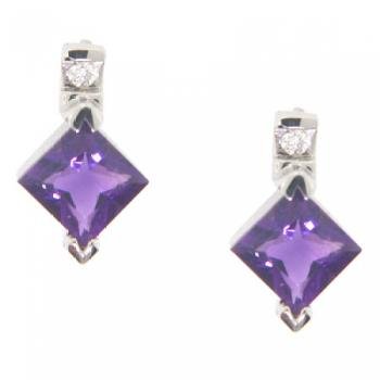 New Violet Princess Shape Amethyst Diamond White Gold 10K Stud Earrings