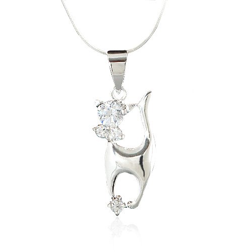Chuvora Sterling Silver Cubic Zirconia CZ Cat Pendant Necklace 18'' Fashion Jewelry for Women