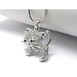 Super Cute Ice Crystal Covered Kitten Charm Necklace Silver Tone