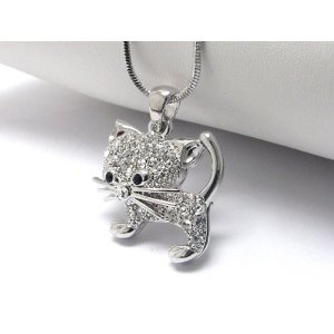 Super Cute Ice Crystal Covered Kitten Charm Necklace Silver Tone