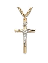 24K Gold Over .925 Sterling Silver Crucifix Pendant Necklace in a 2-Tone Starburst Design Catholic Jewelry Crucifix Pendant Necklaces Gift Boxed w/Chain Necklace 20" Length Gift Boxed