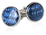 Trendy Blue Carbon Fiber Round Cufflinks Set in Silver with Presentation Box