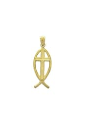 14K Real Solid Yellow Gold Shiny Ichthus Fish Polished Cross Pendant Charm