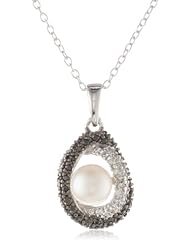Sterling Silver Black and White Diamond Oval with Freshwater Cultured Pearl Pendant Necklace, 18"