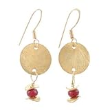 Brushed Satin Gold Vermeil Disc Dangle Earrings with Ruby Gemstone Beads on Gold Filled French Wires, #8153