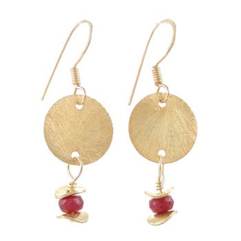 Brushed Satin Gold Vermeil Disc Dangle Earrings with Ruby Gemstone Beads on Gold Filled French Wires, #8153