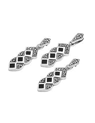 Sterling Silver Onyx Triple Diamond Stone Marcasite Vintage Earring Pendant Set