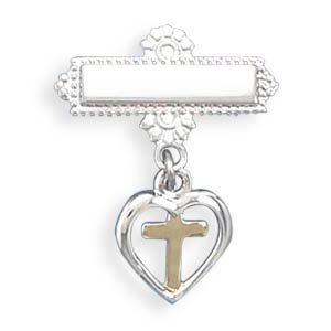 Baptismal Pin with Heart and 18K Gold Cross Charm