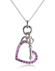 Sterling Silver Created Pink Sapphire Diamond Heart and Key Pendant Necklace, 18"
