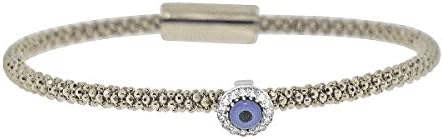 Sterling Silver Rhodium Plated CZ Evil Eye Italian Mesh Bangle