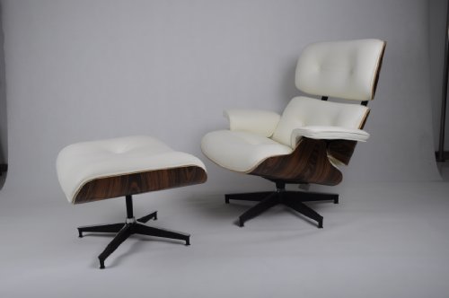 Modern Classic Plywood Lounge Chair & Ottoman with Palisander Base & White Leather Uphostery 