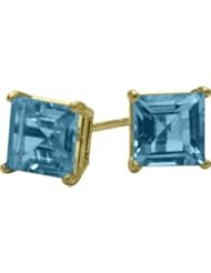 0.50Ct. Genuine 4mm Square Princess Blue Topaz 14 Karat Yellow Gold Stud Earrings for Girls