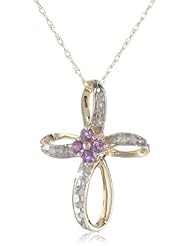10k Yellow Gold  Amethyst and Diamond Cross Pendant (1/10 cttw, I-J Color, I3 Clarity), 18"