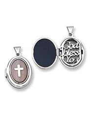 Sterling Silver Pink Mother of Pearl Cross 21mm Oval Locket