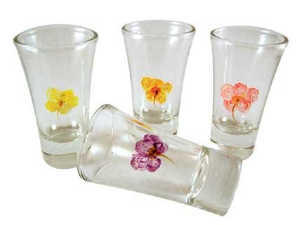 ArtisanStreet's Set of 4 Hand Painted Hibiscus Blossom Jiggers. One of a Kind. Signed by Artisan.