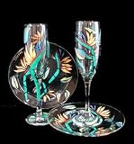 Bird of Paradise Design - Hand Painted - Matching Set of Toasting Flutes - 6 oz. & 7 inch Cake Plates
