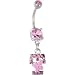 Pink Gem Butterfly Initial Dangle Belly Ring - Letter T