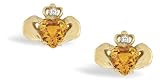 14K Yellow Gold Genuine Heart Citrine and Diamond Celtic Claddagh Earrings