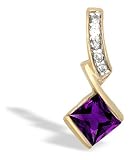 14K Yellow Gold Genuine Square Amethyst and Diamond Pendant