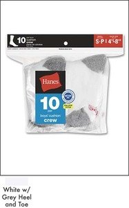Hanes Boys Red Label Cushion Crew 10 Pack, L-WhiteGreyHeelandToe