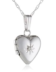 14k White Gold Childrens Heart Locket with Genuine Diamond Necklace, 13"