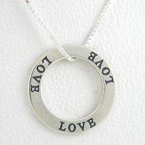Double Sided LOVE, Round Affirmation Band Pendant in Sterling Silver on a 16" Box Chain, #8497
