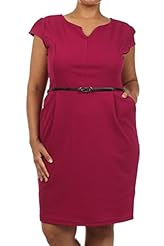 Plus Size Polyester/Spandex Notched Notched Collar Belted Cap Sleeves  Dress