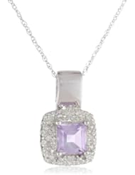 10k White Gold Cushion Amethyst Diamond Pendant Necklace (0.03 cttw, I-J Color, I2-I3 Clarity), 18"