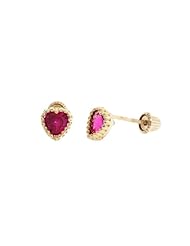 14k Yellow gold, Ruby color AAA Grade CZ Heart shape baby earrings with Screw-back