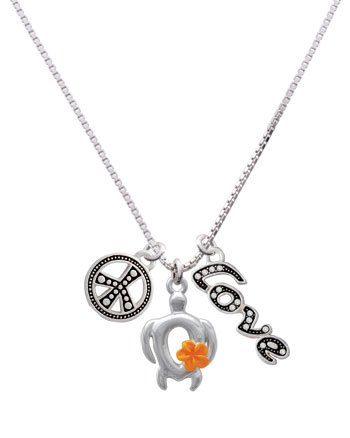 Open Sea Turtle with Hot Orange Plumeria Flower, Peace, Love Charm Necklace