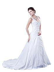 V-neck Taffeta Applique Ruched Lace-Up Wedding Dress 