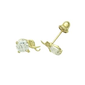 14K Gold Stud Earring CZ Small Elephant Yellow Gold Earring With Screw Back For Kids & Teens