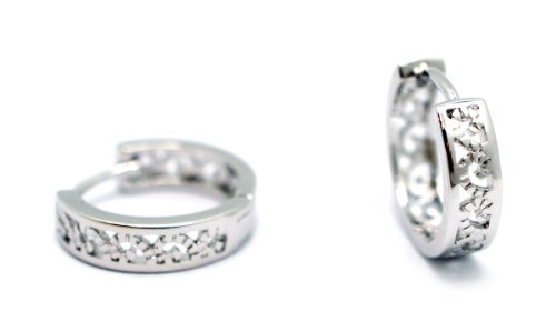 Witch and Rich 14kt White Gold Layered Petite 16mm Ornate Scrollwork Hoop Huggie Earrings