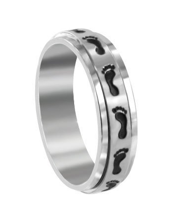 Stainless Steel Polished Finish Black Oxidized Footprint Spinning 6mm Wide Band Ring Size 7, 8, 9, 10, 11, 12, 13