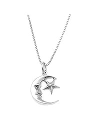 Sterling Silver One Sided Moon Face and Star Necklace