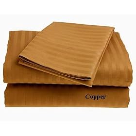 Homespell Egyptian Cotton 500 Thread Count Sateen Stripe 7 Pcs Sheet Set & Duvet Cover Set Combo Copper Full
