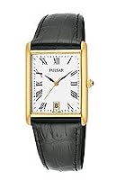 Pulsar Men's Gold-Tone Stainless Steel Black Leather Strap Watch #PXDA82