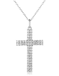 Platinum Plated Sterling Silver Simulated Diamond 2 Row Cross Pendant Necklace, 18" (0.96 cttw)