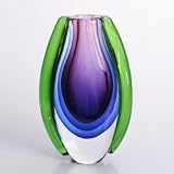Hand Blown Purple, Blue, & Green Sommerso Oval Glass Art Vase
