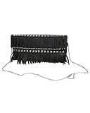 Black Beaded Fringe and Studded Faux Leather Shoulder/Clutch Bag