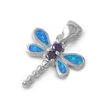Sterling Silver Pendant in Lab Opal - Dragonfly - Pendants Height: 21mm