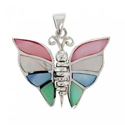 Multiple Colored Mother of Pearl Dangle Butterfly Pendant in Sterling Silver