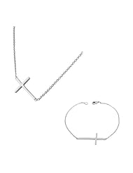 Sterling Silver Womens Horizontal Religious Cross Chain Pendant Necklace Bracelet Set