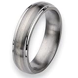 Sterling Silver Inlaid Ridged Edge Brushed & Polished Titanium Ring (6.0 mm) With Wood Box - Sizes 8.5-12