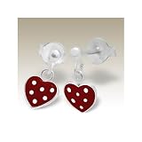 Red and White Heart Stud Dangle Earrings in Sterling Silver for Girls