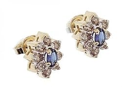 14KT Yellow Gold Flower Stud Earrings Sapphire Diamond