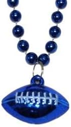 Mardi Gras Beads - Throw, 2 Dozen Bag, 24pc, 33in 7mm Round Metallic Blue Beads w/ 1 1/2in Plastic Football Medallion A 33 inch 7 millimeter round metallic blue bead with a 1.5 inch plastic football medallion. Perfect for parades and parties.